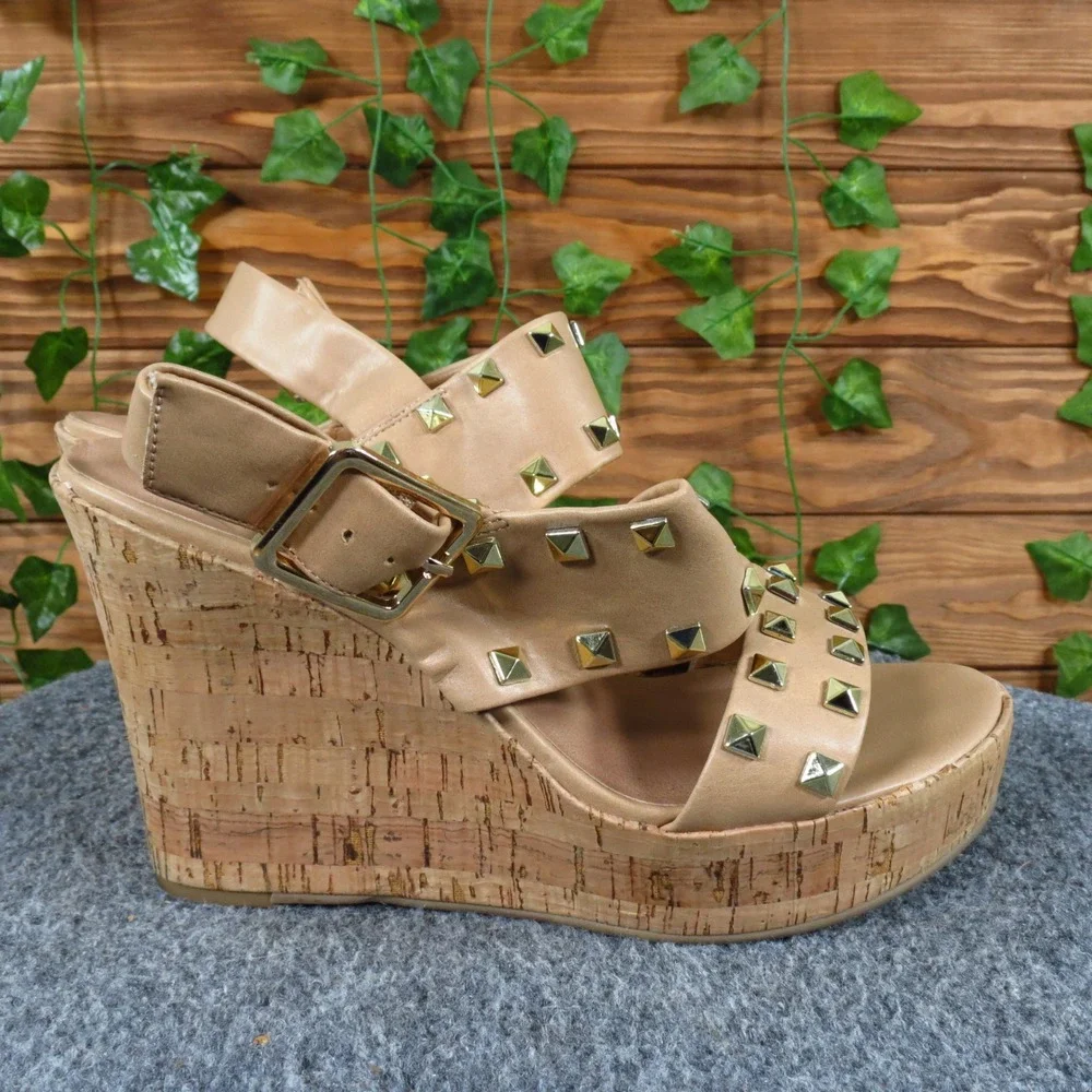 Torrid‎ Women 7.5 WW Extra Wide Tan Studded Platform Cork Wedge Heels Sandals
